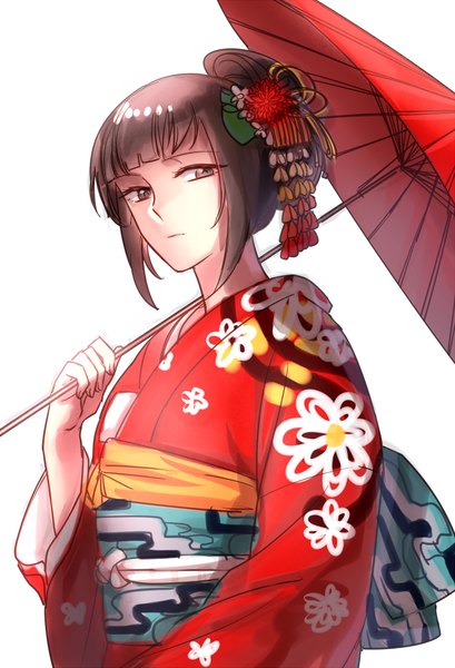 Anime picture 1000x1466 with overlord (maruyama) madhouse narberal gamma aken single tall image short hair simple background brown hair white background brown eyes payot looking away upper body blunt bangs traditional clothes japanese clothes hair flower floral print alternate hairstyle