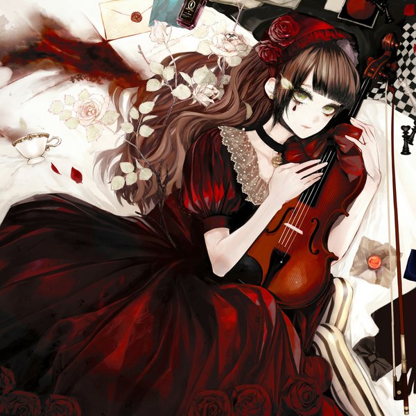 Anime picture 1059x1059 with original shikishima (eiri) single long hair brown hair green eyes lying girl dress flower (flowers) bow earrings hairband rose (roses) feather (feathers) cup musical instrument violin bow (instrument) chess