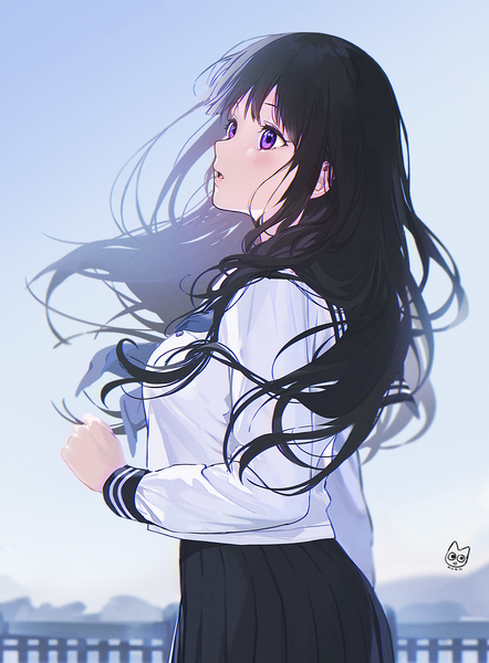 Anime picture 1559x2115 with hyouka kyoto animation chitanda eru mery (yangmalgage) single long hair tall image fringe open mouth black hair standing purple eyes signed looking away sky outdoors long sleeves pleated skirt wind girl