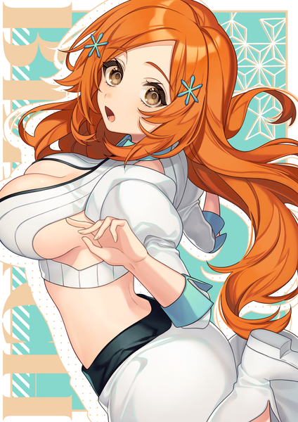 Anime picture 820x1160 with bleach bleach: sennen kessen-hen studio pierrot inoue orihime karokuchitose single long hair tall image looking at viewer breasts open mouth light erotic large breasts brown eyes orange hair midriff copyright name border outside border girl