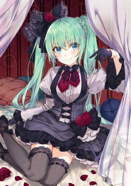 Anime picture 800x1131 with hatsune miku graphy collection vocaloid hatsune miku shirako miso single tall image looking at viewer blush fringe breasts blue eyes smile hair between eyes sitting twintails payot braid (braids) very long hair aqua hair alternate costume