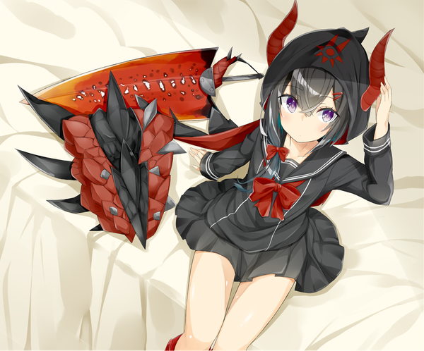 Anime picture 1000x831 with original kavka single long hair looking at viewer fringe black hair hair between eyes sitting purple eyes pleated skirt horn (horns) from above arm support girl skirt uniform serafuku hairclip armor