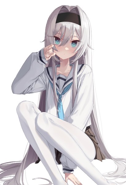 Anime picture 1500x2193 with original soya (torga) single tall image looking at viewer blush fringe simple background hair between eyes white background sitting payot silver hair full body bent knee (knees) very long hair pleated skirt arm up aqua eyes arm support