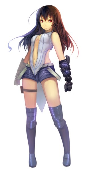 Anime picture 1898x3488 with original akizone single long hair tall image highres simple background red eyes brown hair white background signed girl gloves navel shorts boots