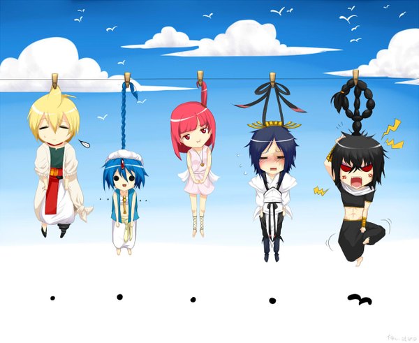 Anime picture 1310x1074 with magi the labyrinth of magic a-1 pictures morgiana judal aladdin (magi) ali baba saluja ren hakuryuu kiku-atama looking at viewer open mouth black hair blonde hair red eyes blue hair sky cloud (clouds) red hair barefoot aqua hair multiple boys