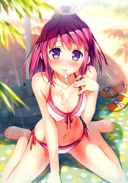 Anime picture 2121x3033 with kantoku single long hair tall image looking at viewer blush highres breasts light erotic purple eyes purple hair ponytail scan girl navel swimsuit bikini food sweets ice cream