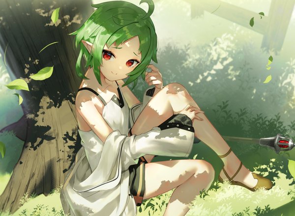 Anime picture 3032x2224 with mushoku tensei studio bind sylphiette (mushoku tensei) scottie (phantom2) single looking at viewer fringe highres short hair red eyes sitting bare shoulders absurdres ahoge bent knee (knees) outdoors head tilt green hair light smile from above