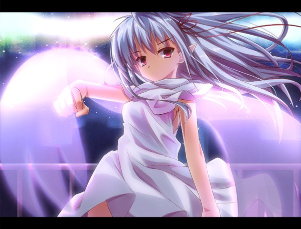 Anime picture 1680x1280 with original icyfox single long hair looking at viewer red eyes bare shoulders silver hair wind pointy ears letterboxed girl dress fist