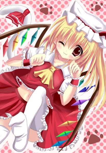 Anime picture 1200x1728 with touhou flandre scarlet single tall image blush short hair blonde hair red eyes animal ears one eye closed wink cat ears cat tail loli one side up girl thighhighs skirt white thighhighs wings