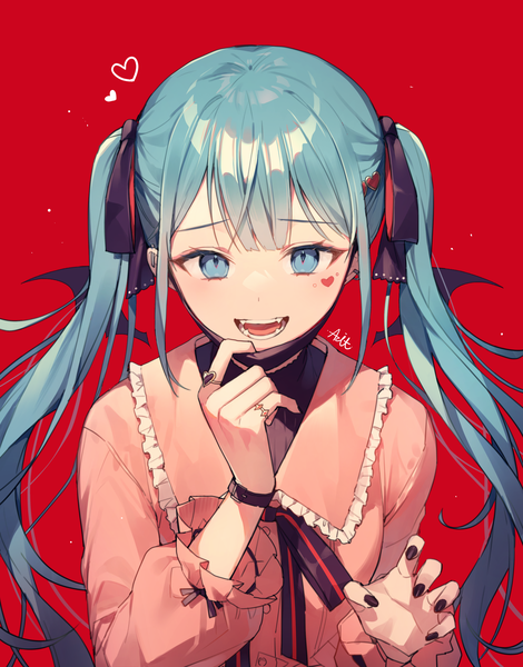 Anime picture 2747x3508 with vocaloid vampire (vocaloid) hatsune miku azit (down) single long hair tall image highres open mouth blue eyes simple background twintails signed blue hair upper body nail polish :d red background black nail polish mask pull
