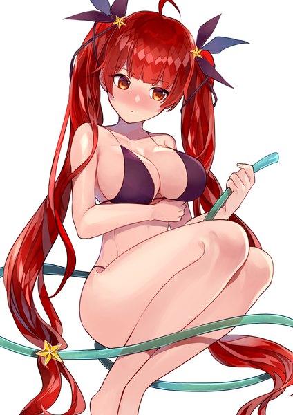 Anime picture 848x1200 with azur lane honolulu (azur lane) hiroimu single tall image looking at viewer blush fringe breasts light erotic simple background large breasts white background twintails bare shoulders holding cleavage ahoge bent knee (knees) red hair