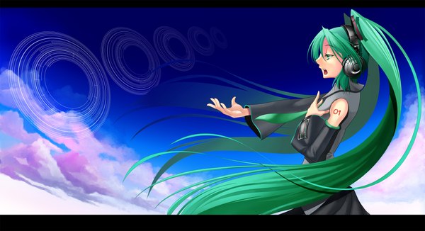 Anime picture 2340x1272 with vocaloid hatsune miku long hair highres open mouth wide image twintails green eyes cloud (clouds) very long hair profile green hair singing girl detached sleeves necktie headphones