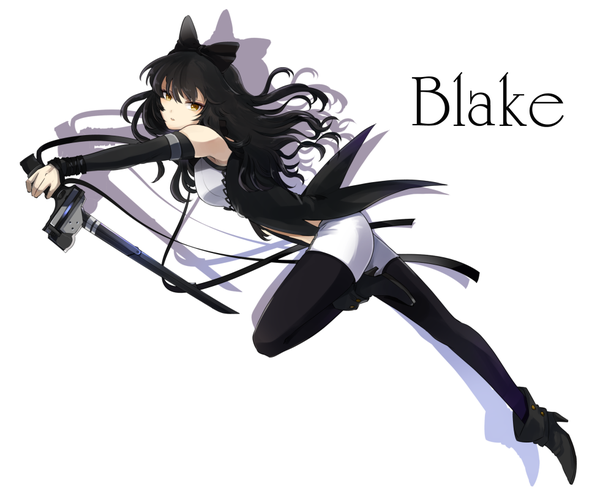 Anime picture 980x805 with rwby rooster teeth blake belladonna mate@juken single long hair looking at viewer fringe black hair simple background hair between eyes white background bare shoulders holding yellow eyes bent knee (knees) parted lips bare belly shadow armpit (armpits)