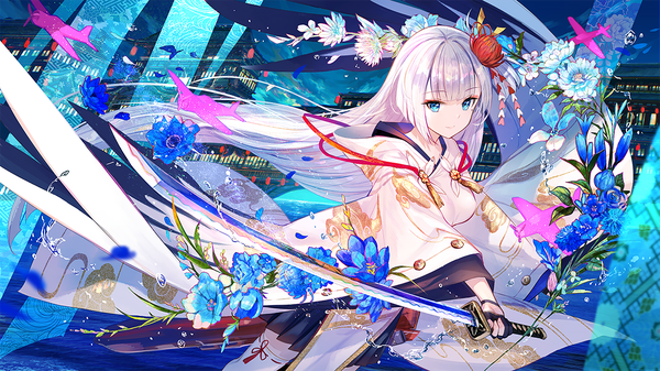 Anime-Bild 1200x675 mit azur lane shoukaku (azur lane) fuzichoco single long hair looking at viewer fringe blue eyes wide image holding payot silver hair blunt bangs traditional clothes japanese clothes light smile blurry night mole wide sleeves