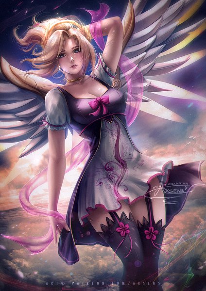 Anime picture 848x1200 with overwatch blizzard entertainment mercy (overwatch) axsen single long hair tall image looking at viewer blush fringe breasts blue eyes light erotic blonde hair signed payot sky cleavage cloud (clouds) outdoors