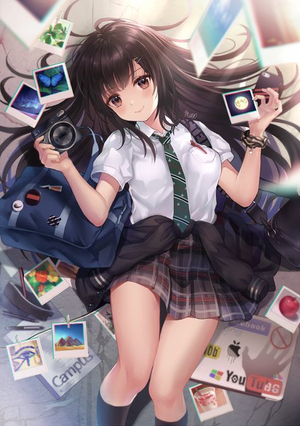 Anime picture 1000x1419 with original apple inc. facebook blue blood moon single long hair tall image looking at viewer fringe smile brown hair holding brown eyes signed payot lying pleated skirt from above short sleeves on back