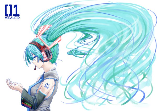 Anime picture 4092x2893 with vocaloid hatsune miku omaru gyuunyuu single highres simple background white background twintails absurdres very long hair profile aqua eyes aqua hair girl detached sleeves necktie headphones