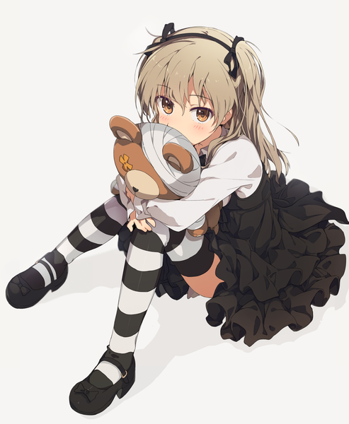 Anime picture 1151x1400 with girls und panzer shimada arisu ogipote single long hair tall image looking at viewer blush brown hair white background brown eyes loli girl thighhighs dress hairband toy stuffed animal striped thighhighs stuffed toy