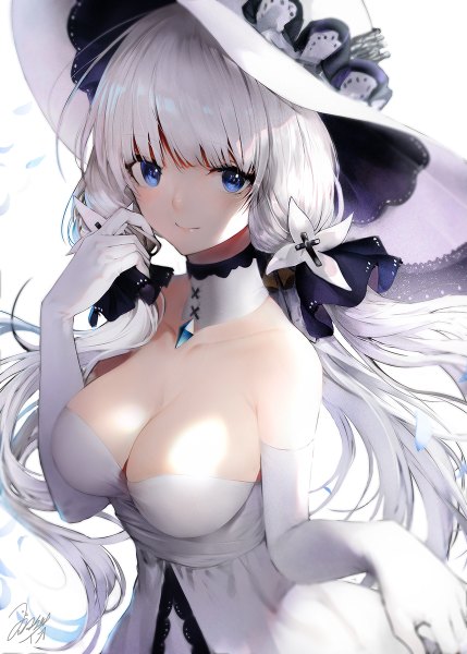 Anime picture 858x1200 with azur lane illustrious (azur lane) iori (cpeilad) single long hair tall image looking at viewer blush fringe breasts blue eyes light erotic simple background smile large breasts standing white background twintails bare shoulders signed