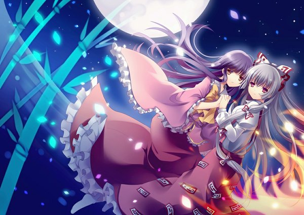 Anime picture 1141x807 with touhou fujiwara no mokou houraisan kaguya rie (reverie) long hair purple eyes multiple girls purple hair white hair night holding hands girl 2 girls petals moon