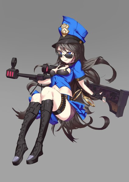 Anime picture 1500x2122 with league of legends caitlyn (league of legends) officer caitlyn rabbit (tukenitian) single long hair tall image fringe breasts blue eyes light erotic black hair simple background smile looking away bent knee (knees) open clothes short sleeves midriff girl