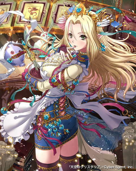 Anime picture 800x1000 with tenkuu no crystalia sakiyamama single long hair tall image looking at viewer blush fringe breasts blonde hair hair between eyes large breasts standing holding green eyes indoors looking back wind pointy ears from behind