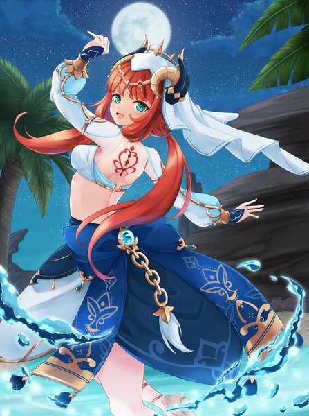 Anime picture 1304x1750 with genshin impact nilou (genshin impact) kemuri (etep3372) single long hair tall image looking at viewer fringe breasts open mouth smile twintails red hair blunt bangs long sleeves horn (horns) aqua eyes night midriff night sky