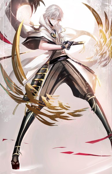 Anime picture 800x1236 with touken ranbu nitroplus tsurumaru kuninaga juexing (moemoe3345) single tall image looking at viewer fringe short hair smile standing holding yellow eyes silver hair traditional clothes japanese clothes wide sleeves short sleeves boy weapon