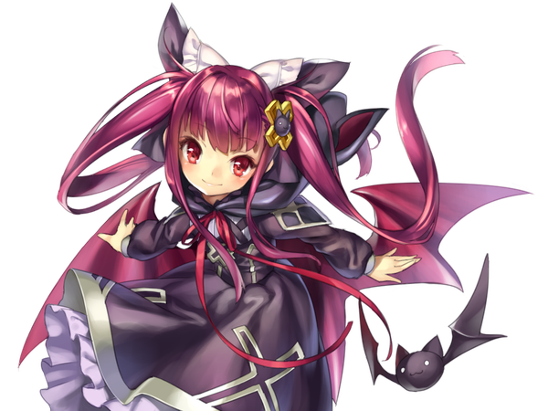Anime picture 1024x768 with emil chronicle online nakasaki hydra single long hair looking at viewer blush smile red eyes twintails pink hair from above spread arms transparent background bat wings girl dress hair ornament bow hair bow animal