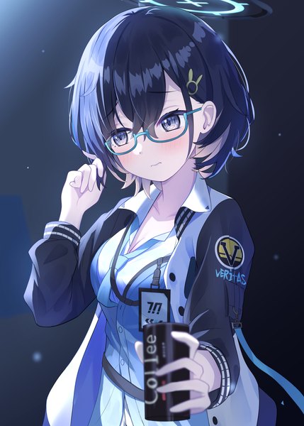 Anime picture 2591x3624 with blue archive chihiro (blue archive) cpk prd single tall image blush fringe highres short hair blue eyes black hair simple background hair between eyes holding upper body open jacket black background open collar playing with hair girl