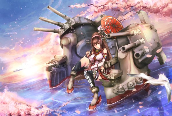 Anime picture 1717x1160 with kantai collection yamato super battleship untue single long hair fringe highres breasts brown hair large breasts sitting brown eyes payot cloud (clouds) ponytail hair flower light smile cherry blossoms girl thighhighs