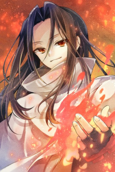 Anime picture 682x1024 with shaman king xebec asakura hao yomogi (black-elf) single long hair tall image looking at viewer smile red eyes brown hair upper body wind magic boy gloves fingerless gloves flame