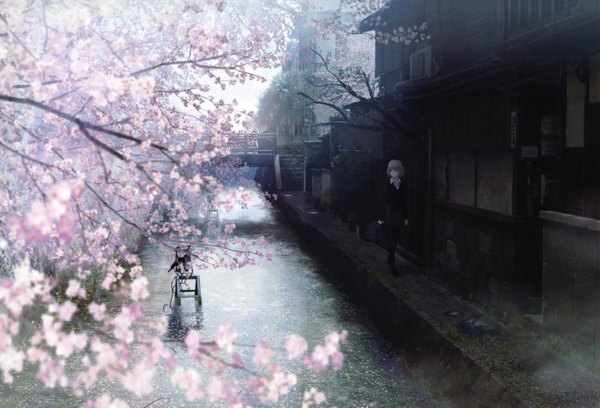 Anime picture 6504x4428 with original takeuchi takashi highres short hair blonde hair absurdres cherry blossoms city girl plant (plants) petals tree (trees) water house bridge