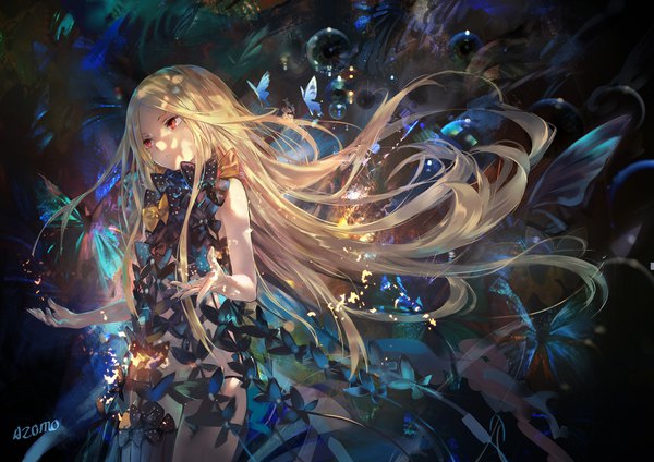 Anime picture 1697x1200 with fate (series) fate/grand order abigail williams (fate) azomo single long hair fringe light erotic blonde hair red eyes standing signed payot looking away parted lips floating hair dark background shaded face girl thighhighs
