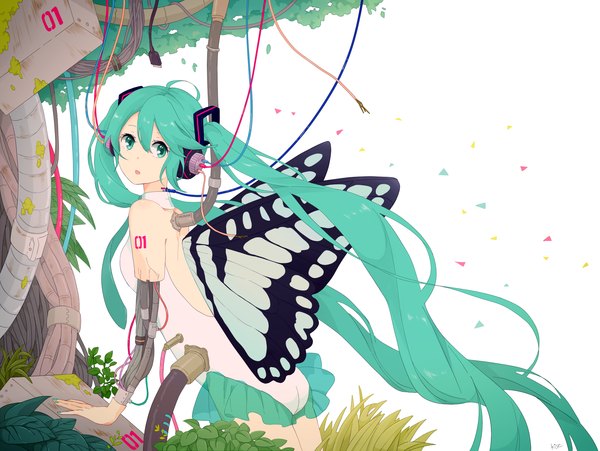 Anime picture 2256x1698 with vocaloid hatsune miku kise (swimmt) single looking at viewer highres twintails ahoge very long hair aqua eyes aqua hair tattoo insect wings butterfly wings girl plant (plants) wings headphones leotard wire (wires)