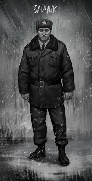 Anime picture 613x1200 with tiny bunny saikono single tall image looking at viewer standing full body realistic official art copyright name text monochrome russian police boy hat boots belt winter clothes