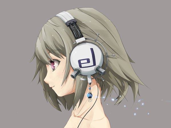 Anime picture 1280x960 with original el (pixiv) single short hair profile pink eyes grey hair grey background girl headphones