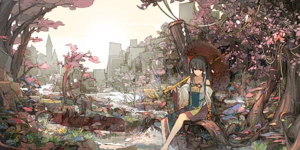 Anime picture 3000x1500 with touhou hakurei reimu manabi (artist) single long hair highres black hair red eyes wide image sitting bare shoulders cherry blossoms detailed girl plant (plants) tree (trees) water umbrella oriental umbrella pond