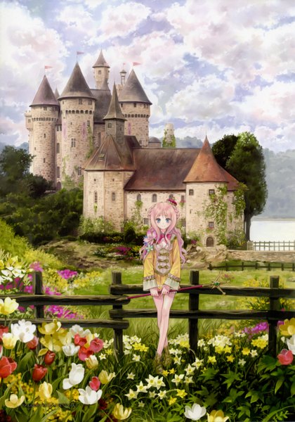 Anime picture 2039x2912 with atelier (series) atelier meruru gust (company) merurulince rede arls kishida mel single long hair tall image looking at viewer highres blue eyes standing holding pink hair sky cloud (clouds) hair flower realistic girl hair ornament