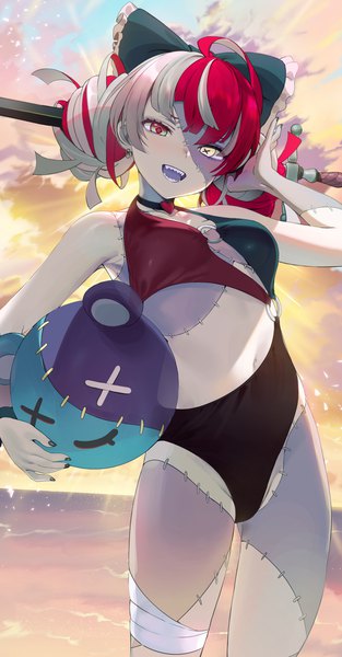 Anime picture 1442x2768 with virtual youtuber hololive hololive indonesia kureiji ollie udin (kureiji ollie) seicoh single tall image looking at viewer fringe short hair breasts open mouth light erotic smile holding sky cloud (clouds) ahoge outdoors