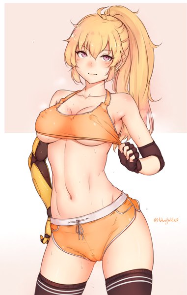 Anime picture 1252x1970 with rwby rooster teeth yang xiao long bluefield single long hair tall image looking at viewer blush fringe breasts light erotic simple background blonde hair smile hair between eyes large breasts standing purple eyes bare shoulders