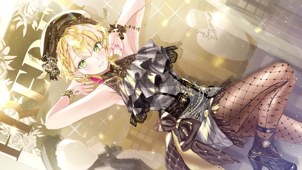 Anime picture 1778x1000 with idolmaster idolmaster cinderella girls idolmaster cinderella girls starlight stage miyamoto frederica haruri single fringe highres short hair blonde hair hair between eyes wide image standing green eyes signed bent knee (knees) nail polish sparkle standing on one leg frilled dress