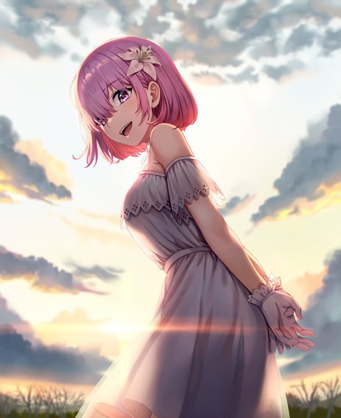 Anime picture 1240x1521 with fate (series) fate/grand order mash kyrielight mash kyrielight (formal dress) dr poapo single tall image looking at viewer short hair open mouth smile standing purple eyes bare shoulders pink hair sky cloud (clouds) outdoors :d hair flower