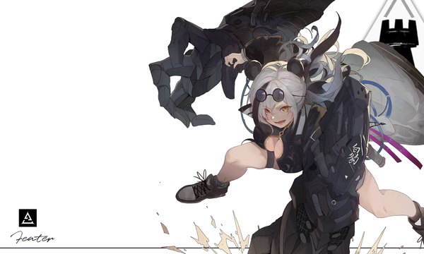 Anime picture 1800x1080 with arknights feater (arknights) kuroduki (pieat) single long hair highres breasts simple background wide image white background twintails animal ears yellow eyes silver hair multicolored hair streaked hair character names skindentation cleavage cutout sunglasses on head