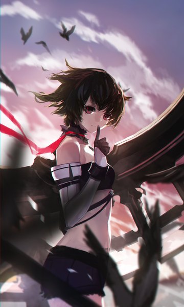 Anime picture 1062x1771 with original paradise (character) swd3e2 single tall image looking at viewer short hair black hair brown eyes sky wind blurry bare belly girl skirt gloves miniskirt animal black gloves bird (birds)