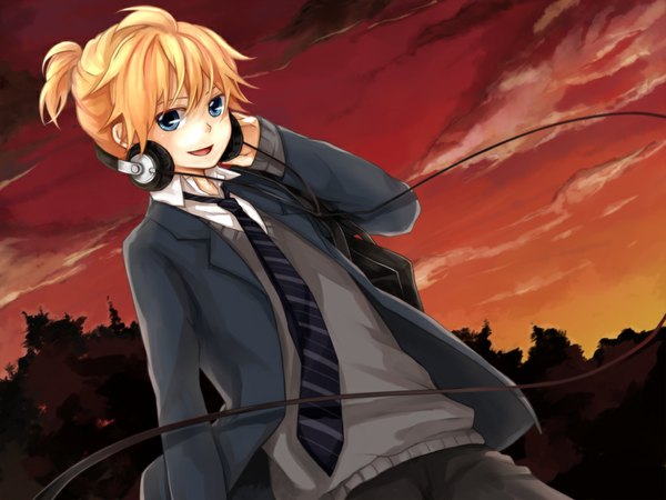 Anime picture 1000x750 with vocaloid kagamine len tama (songe) single looking at viewer short hair open mouth blue eyes blonde hair sky cloud (clouds) evening sunset boy uniform plant (plants) school uniform tree (trees) necktie headphones