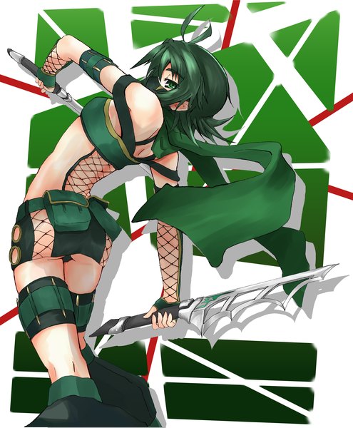 Anime picture 1650x2000 with cu-no nonono futaba hisenkaede single tall image short hair bare shoulders green eyes ahoge looking back green hair back girl weapon sword scarf
