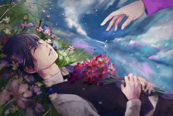 Anime picture 2642x1772 with tokyo ghoul studio pierrot kaneki ken ringo (ruoyuwang) highres short hair open mouth black hair smile sky cloud (clouds) eyes closed reflection field boy flower (flowers) insect butterfly blood eyepatch