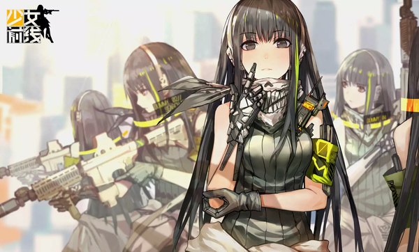 Anime picture 1788x1080 with girls frontline m4a1 (girls frontline) lowlight kirilenko long hair looking at viewer blush fringe highres black hair hair between eyes wide image standing multiple girls holding payot looking away parted lips multicolored hair black eyes blurry
