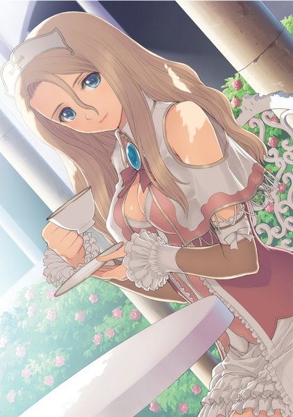 Anime picture 1282x1823 with shining (series) shining hearts rufina wyndaria tony taka single long hair tall image looking at viewer blue eyes light erotic blonde hair sitting bare shoulders absurdres scan official art girl dress flower (flowers) frills